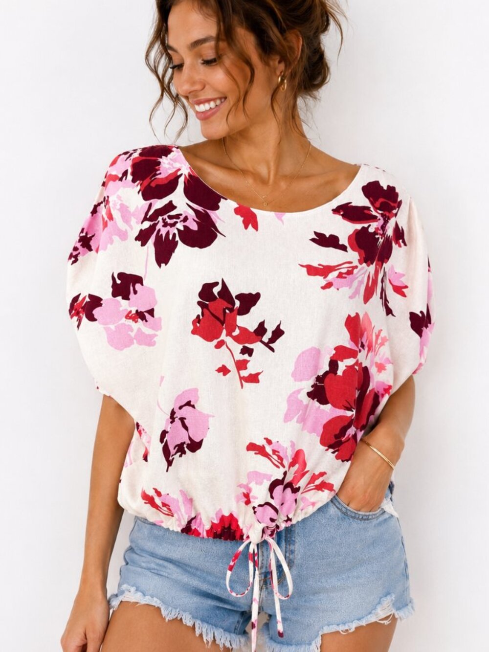 Floral Linen Blend Puff Sleeve Tie Hem Blouse Oversized Cottagecore XL
